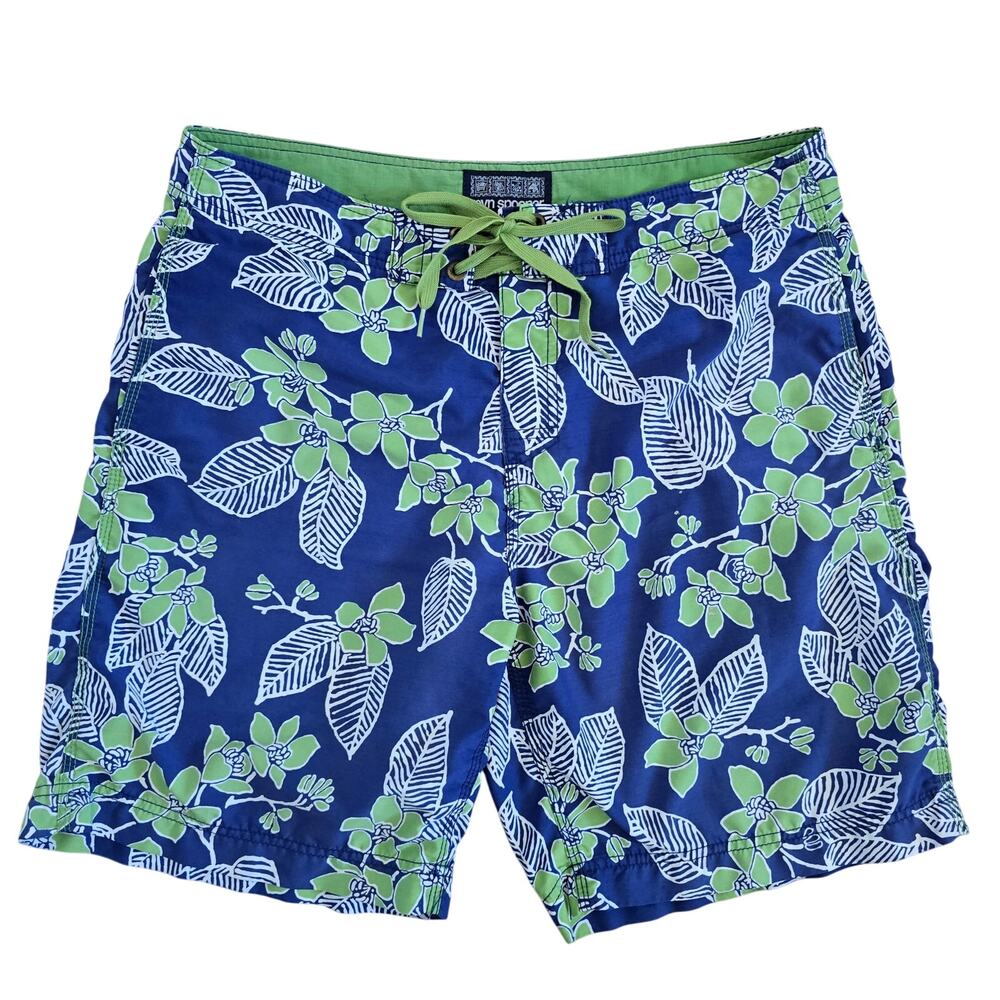 Reyn Spooner Retro Hawaiian Floral Print Board Shorts Size 34 Navy Green Surf